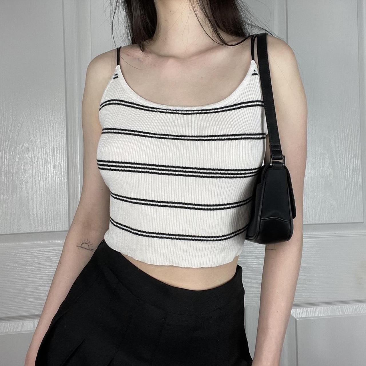 white ribbed crop top cami with black stripes.... - Depop