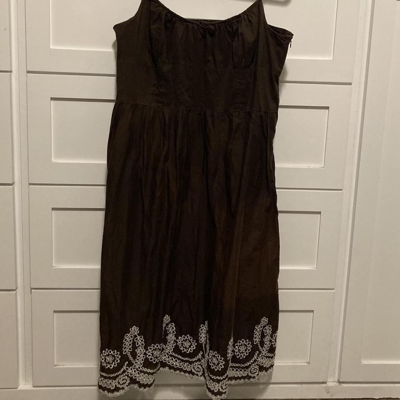 Pretty Brown Sundress With White Embroidery Details - Depop