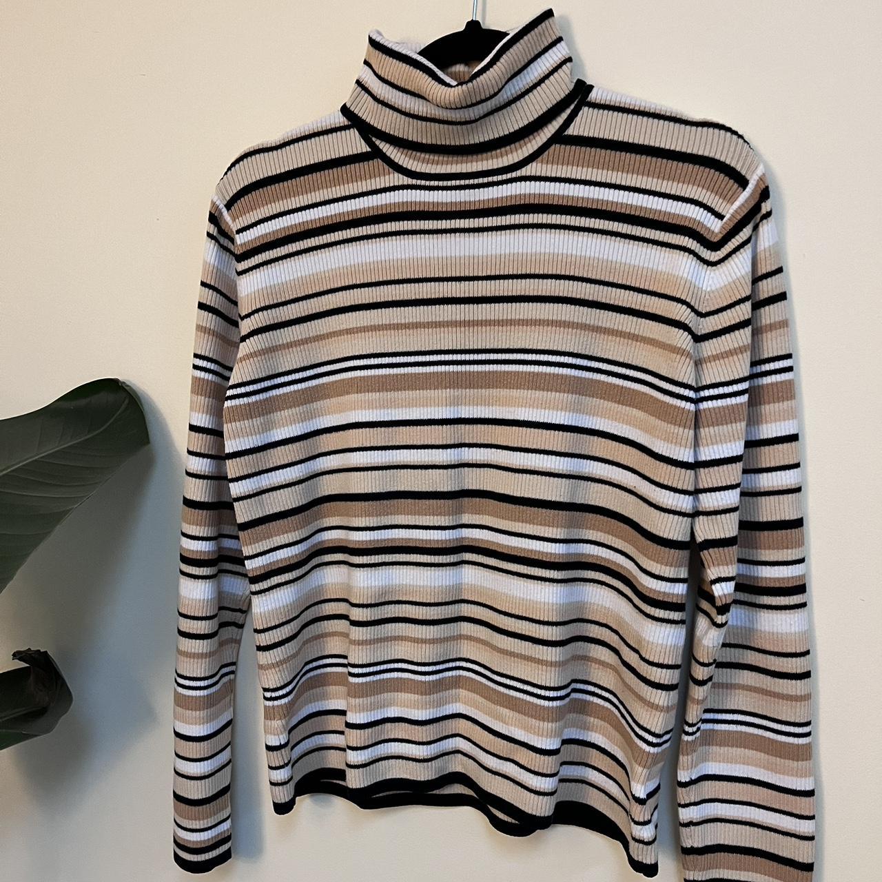 worthington tan, black, and white striped turtleneck... - Depop