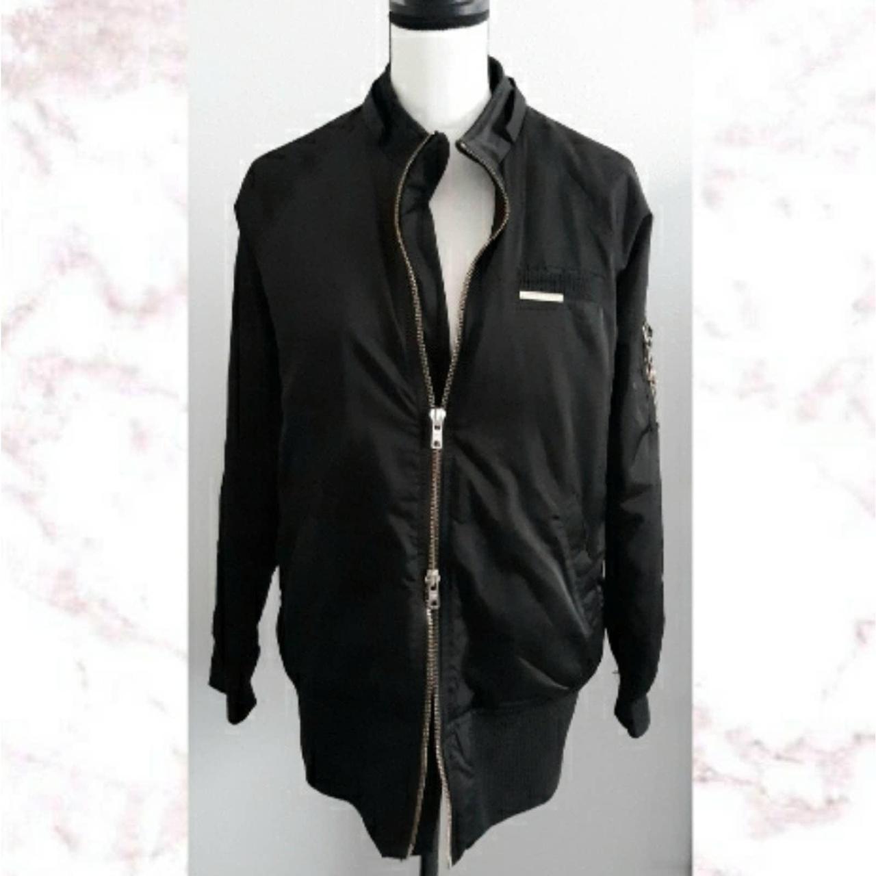 Women's Black Leather Bomber Jacket, White Dress Shirt, Grey