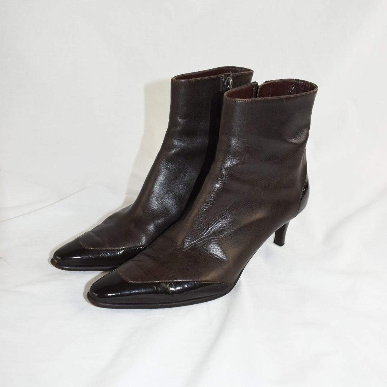 chic y2K espresso leather ankle boots with patent... - Depop