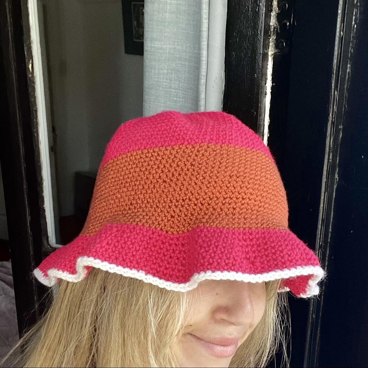 Funky pink and orange crochet bucket hat handmade by... Depop