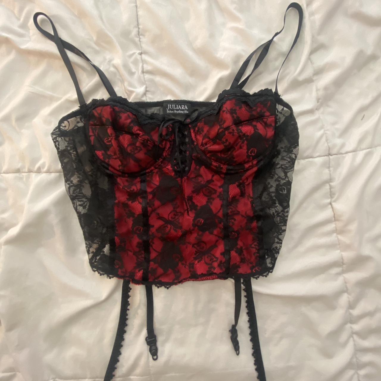 Say What? Lace Bustier Top! Red with black Black - Depop