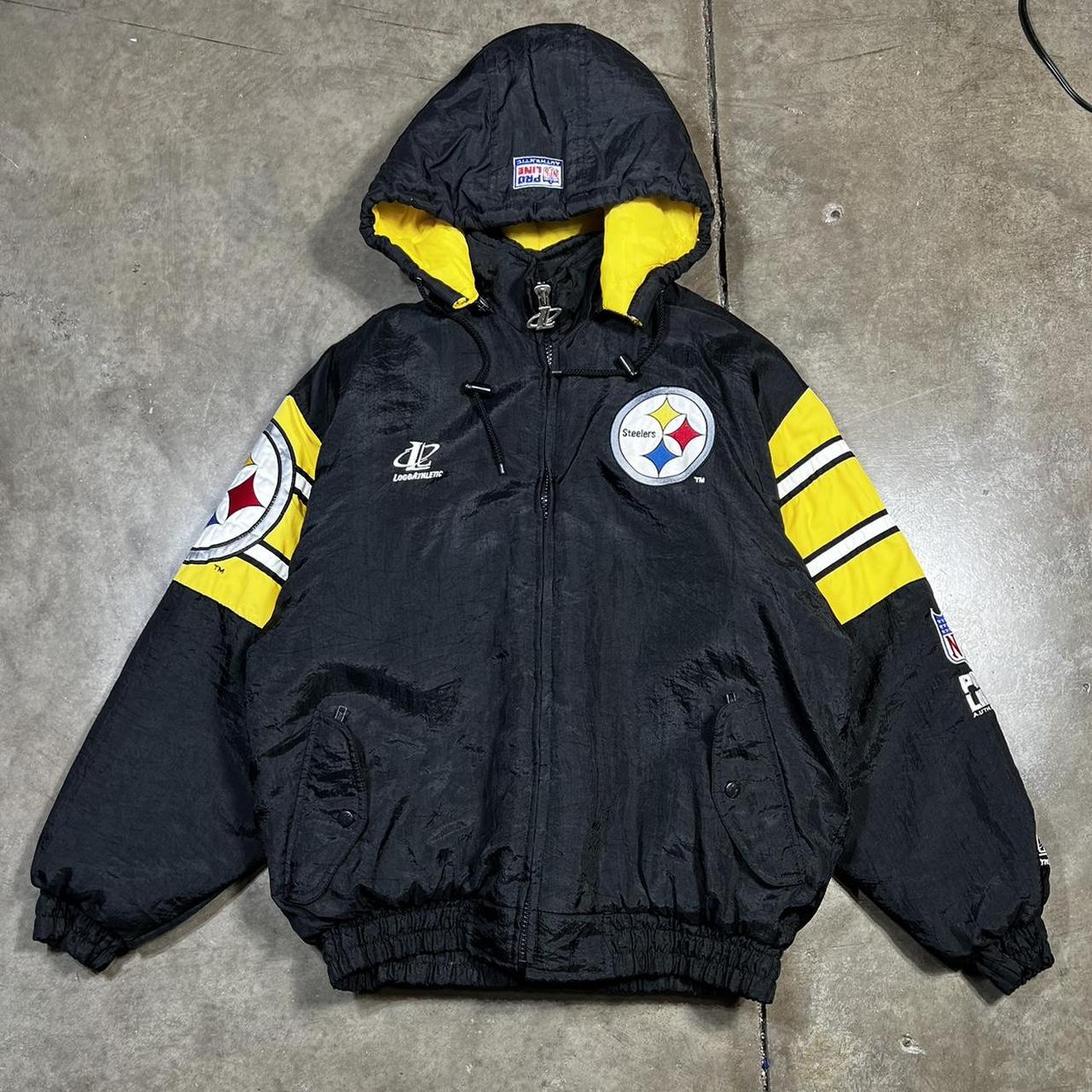 Vintage Steelers Starter Jacket Puffer Hood Black Yellow 