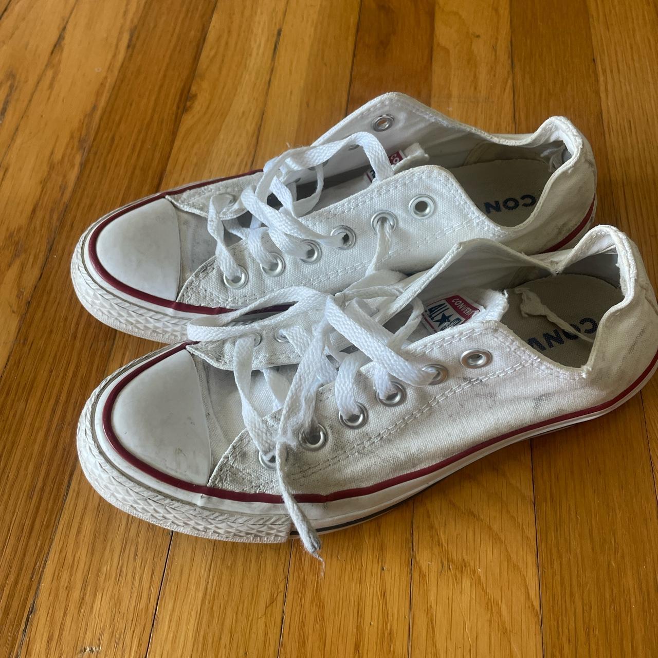 Used white converse low tops! Some wear from use... - Depop