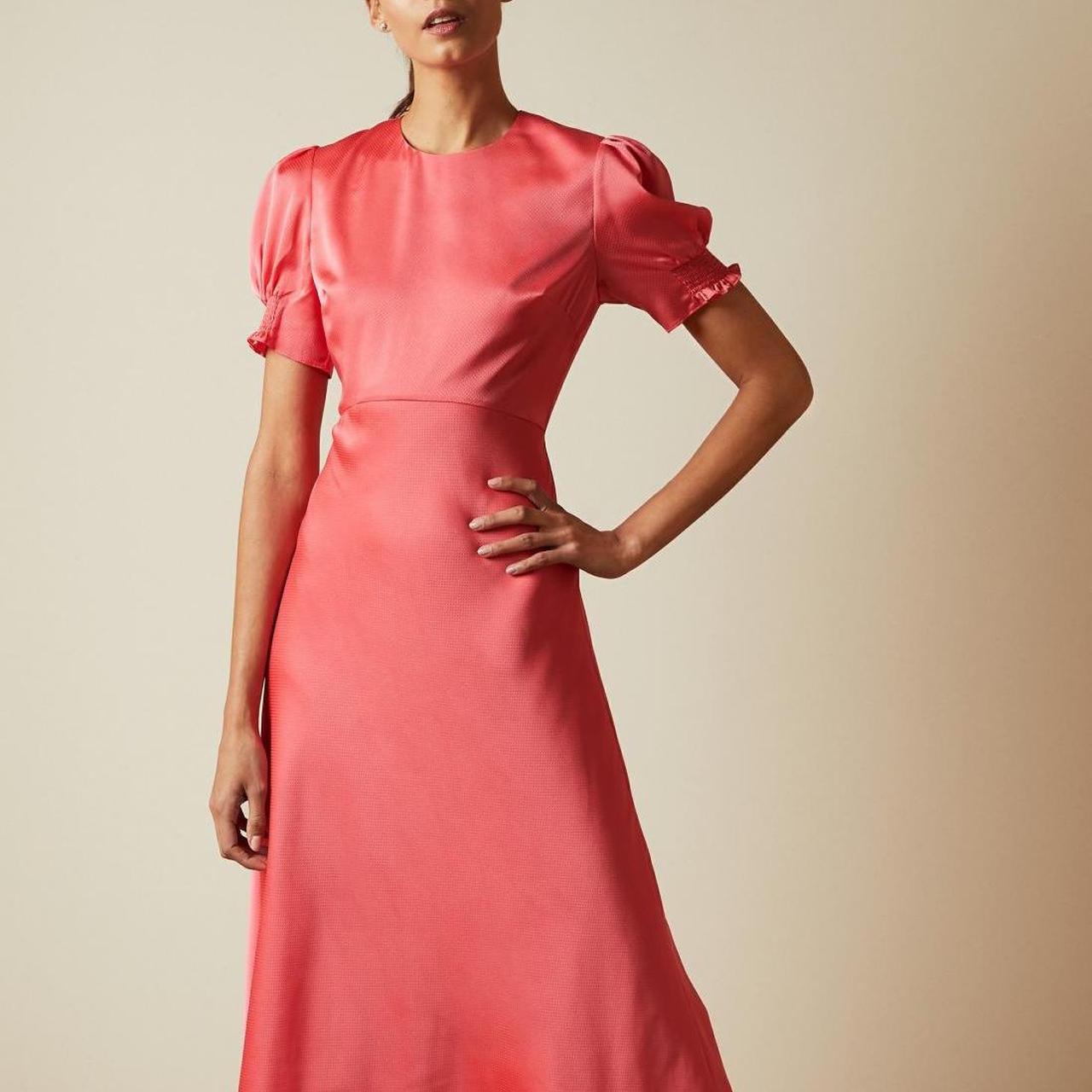 Hot pink, puff sleeve, bias cut Baer dress by