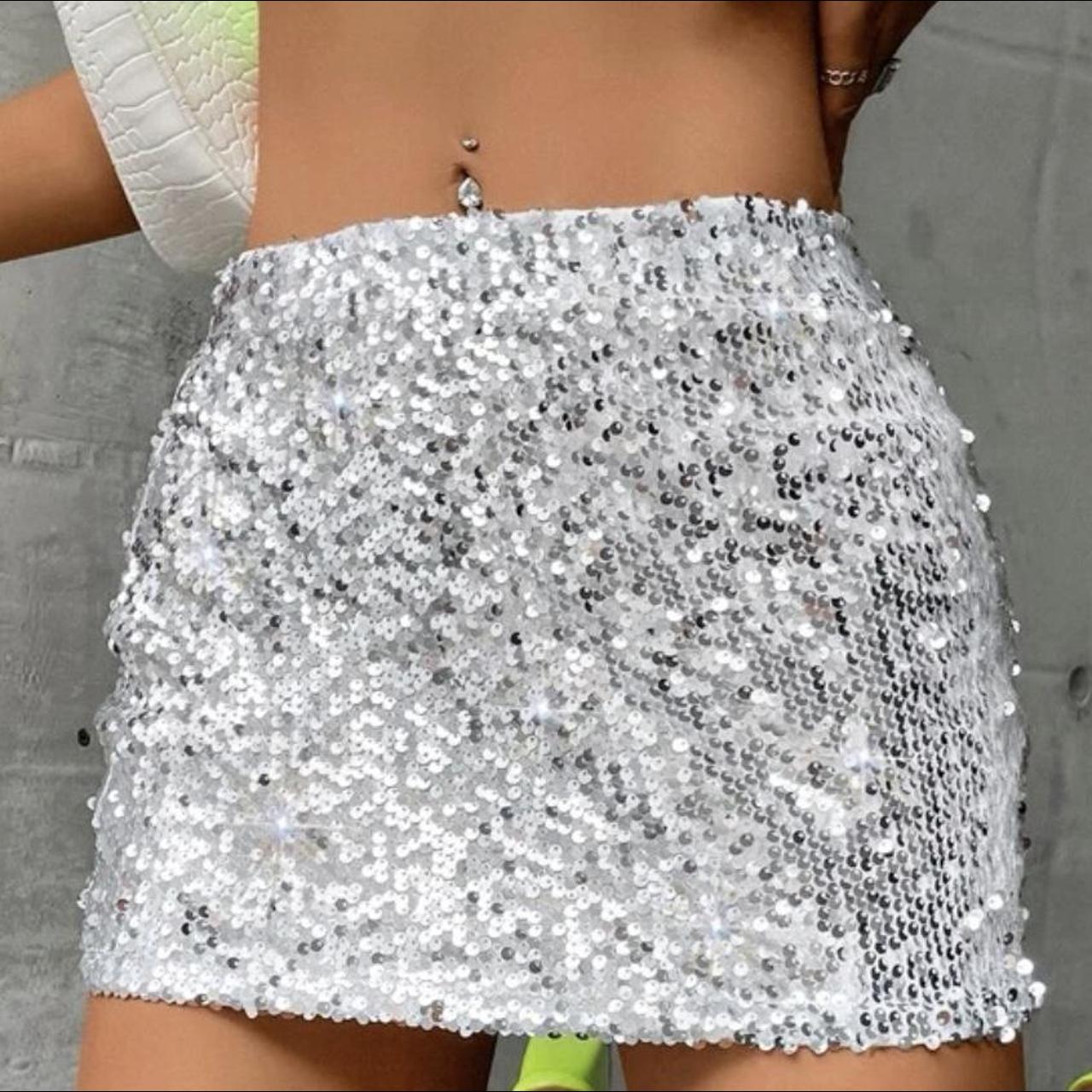 silver sequin mini skirt perfect condition slightly... - Depop