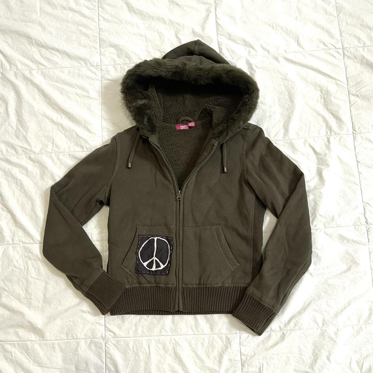 Grunge peace sign forest green zip up fuzzy jacket Depop