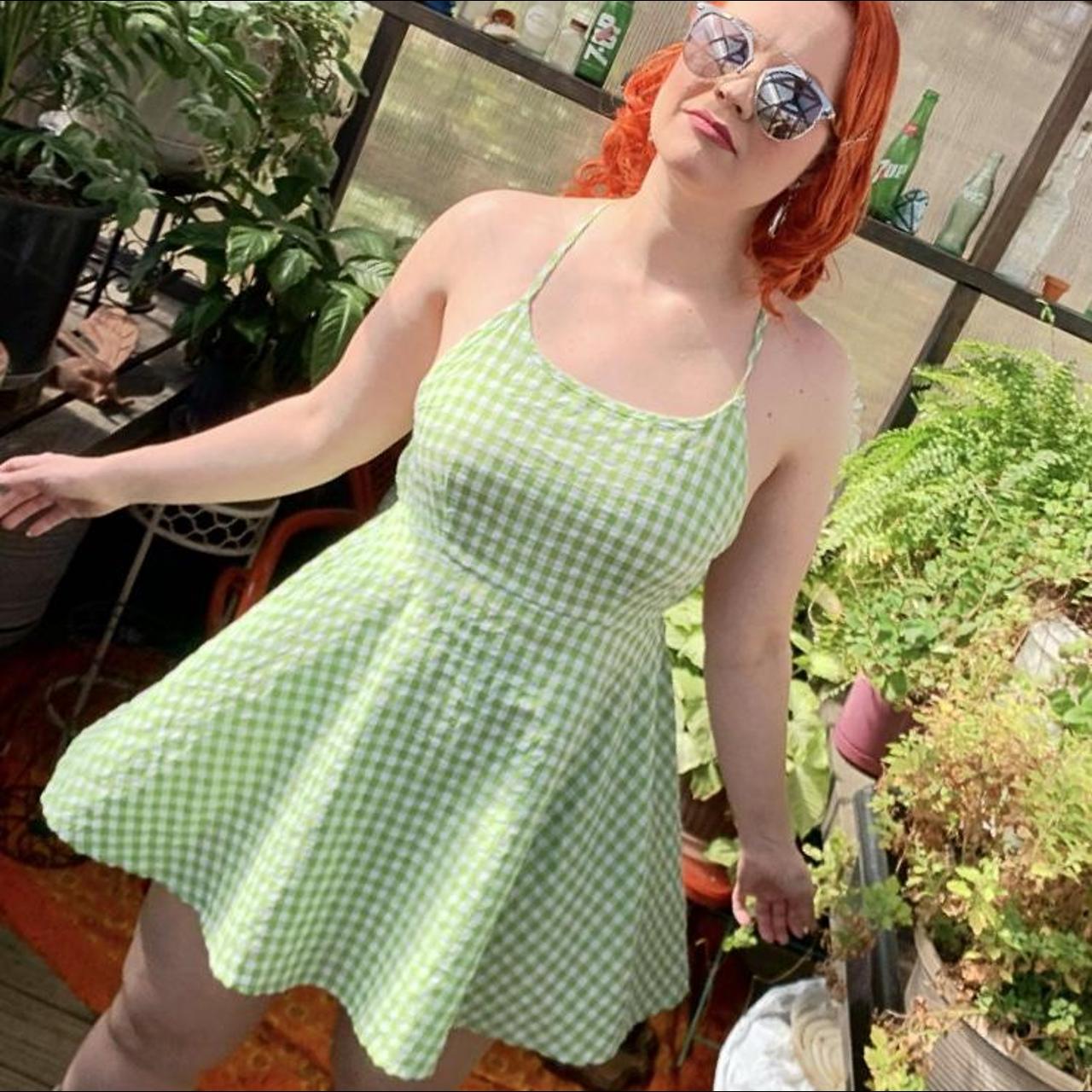 🧚‍♂️Green gingham mini dress with open back Sz S/M $35... - Depop