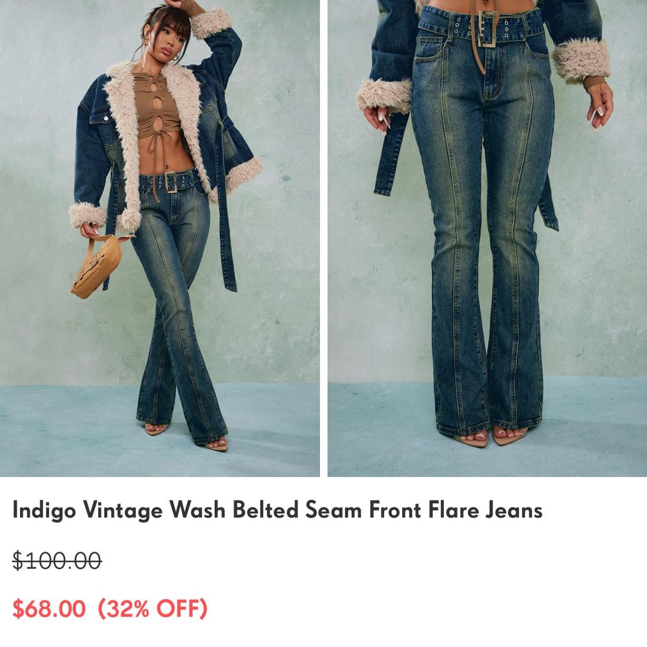 Indigo Vintage Wash Belted Seam Front Flare - Depop