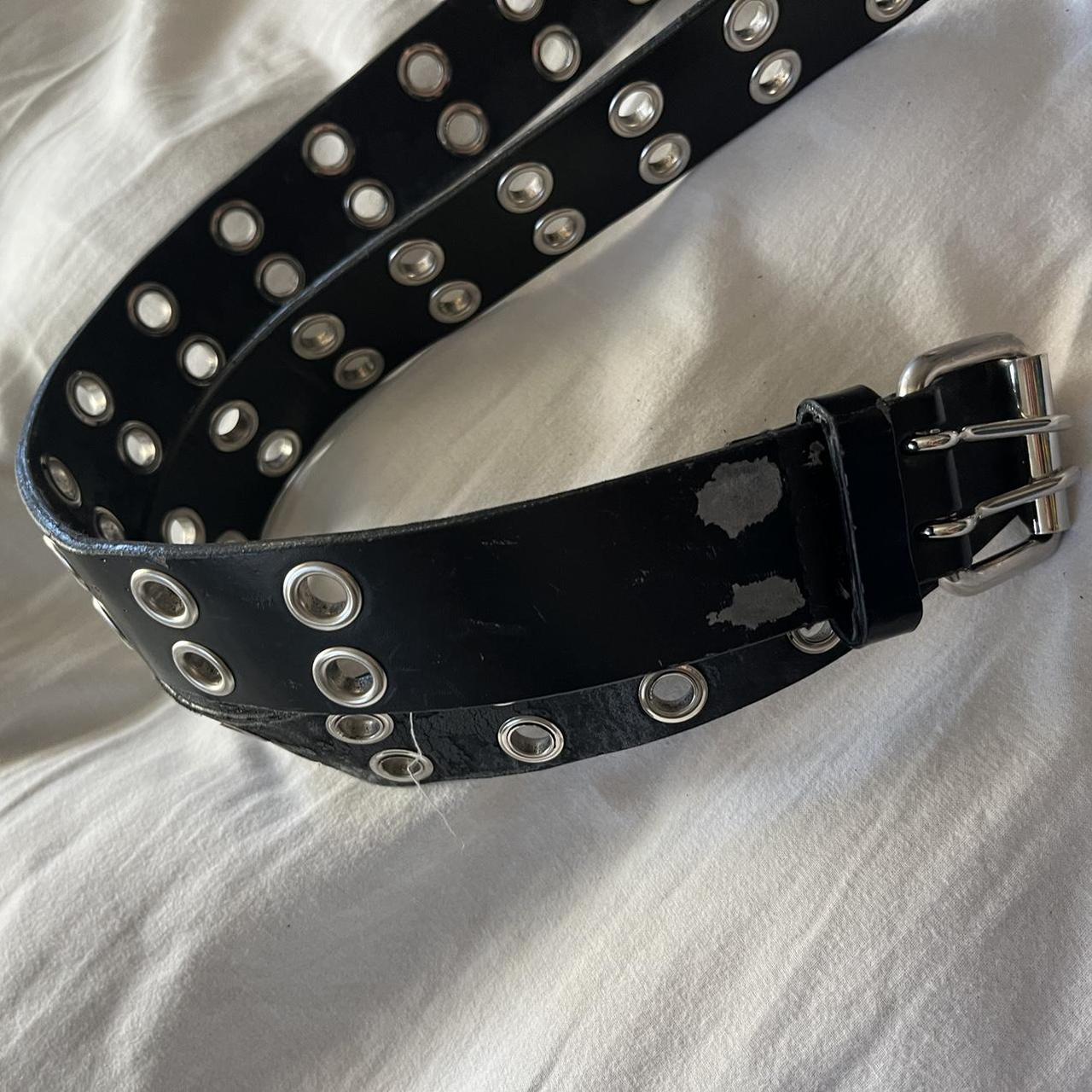 Vintage black vegan leather double grommet belt. In... - Depop