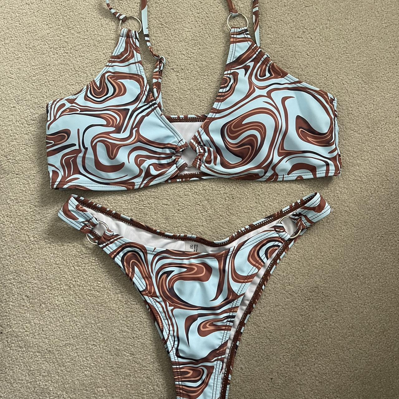 Shein blue and brown swirl bikini with ring strap... Depop