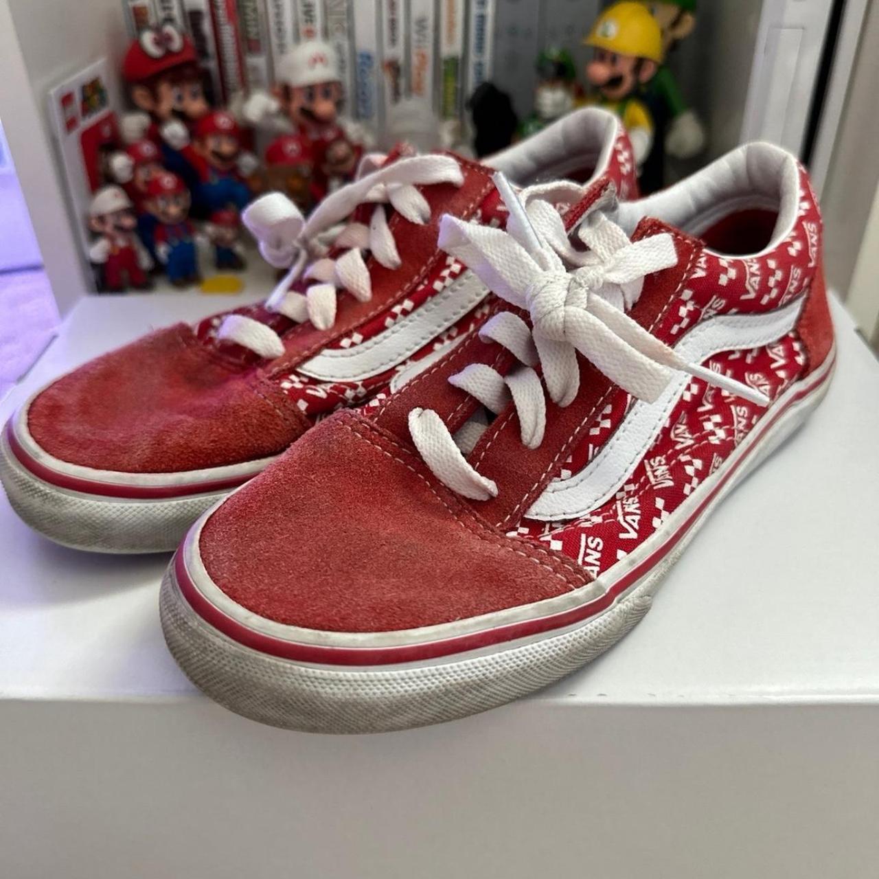 Red and white Vans Old Skool size 3 kids fair. Depop