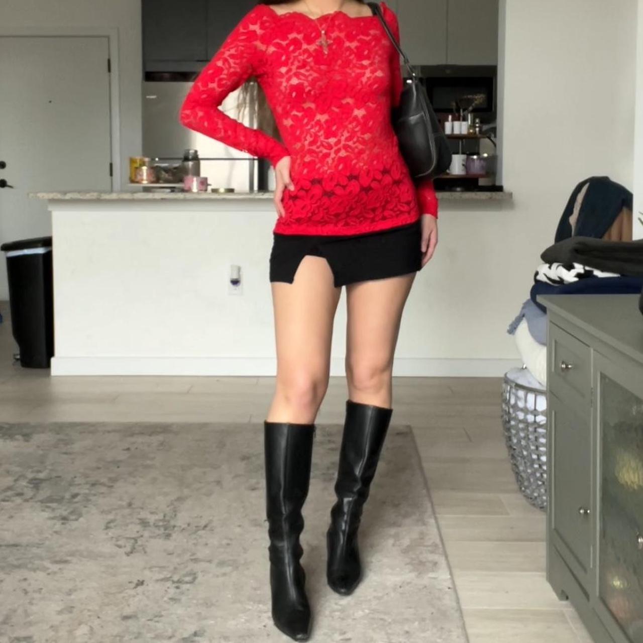 Red lace off the shoulder long sleeve top -size... - Depop