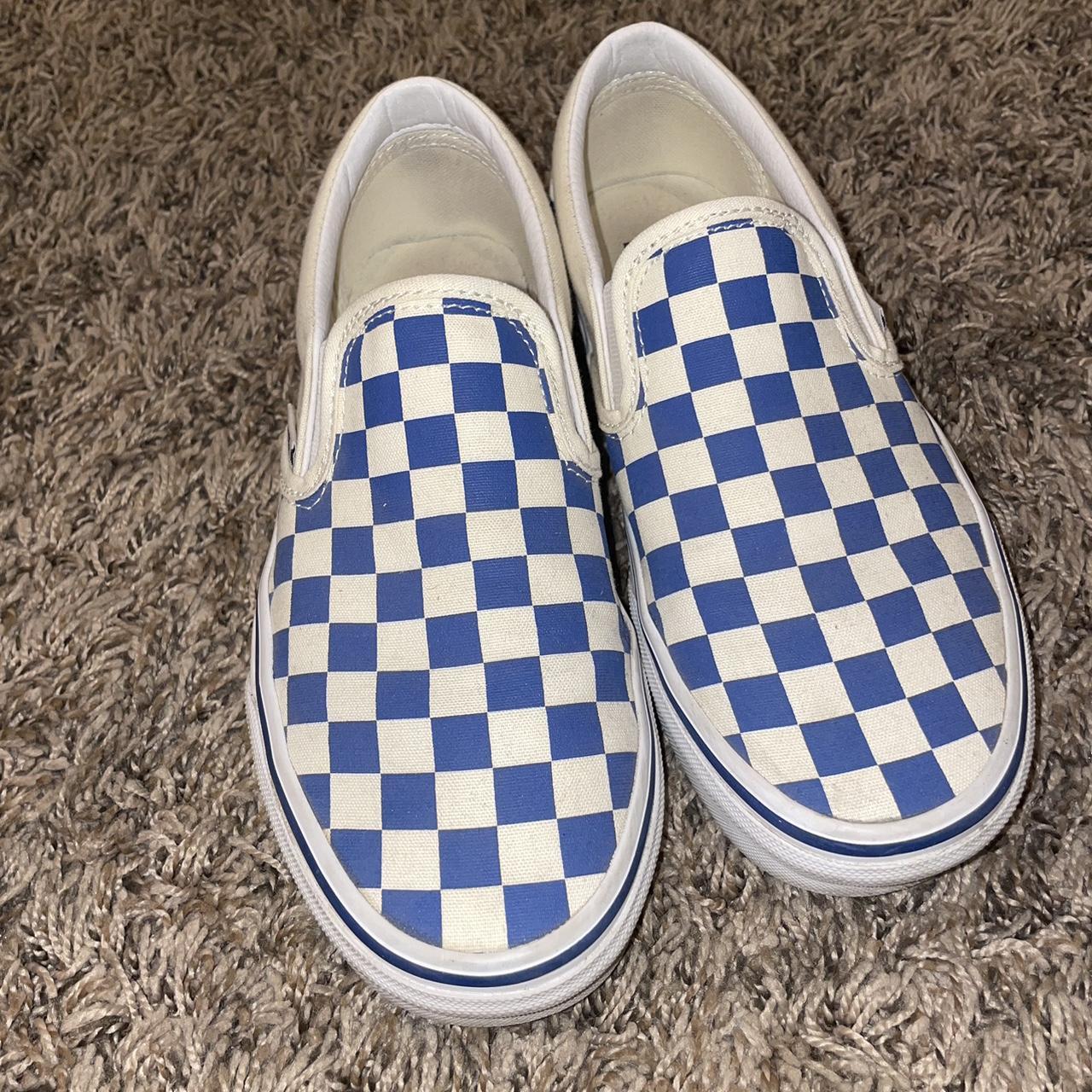 light blue slip on vans with checkered stripe