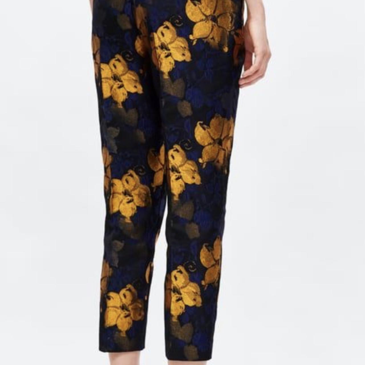 Zara Floral Jacquard Blue And Yellow Trousers Brand Depop