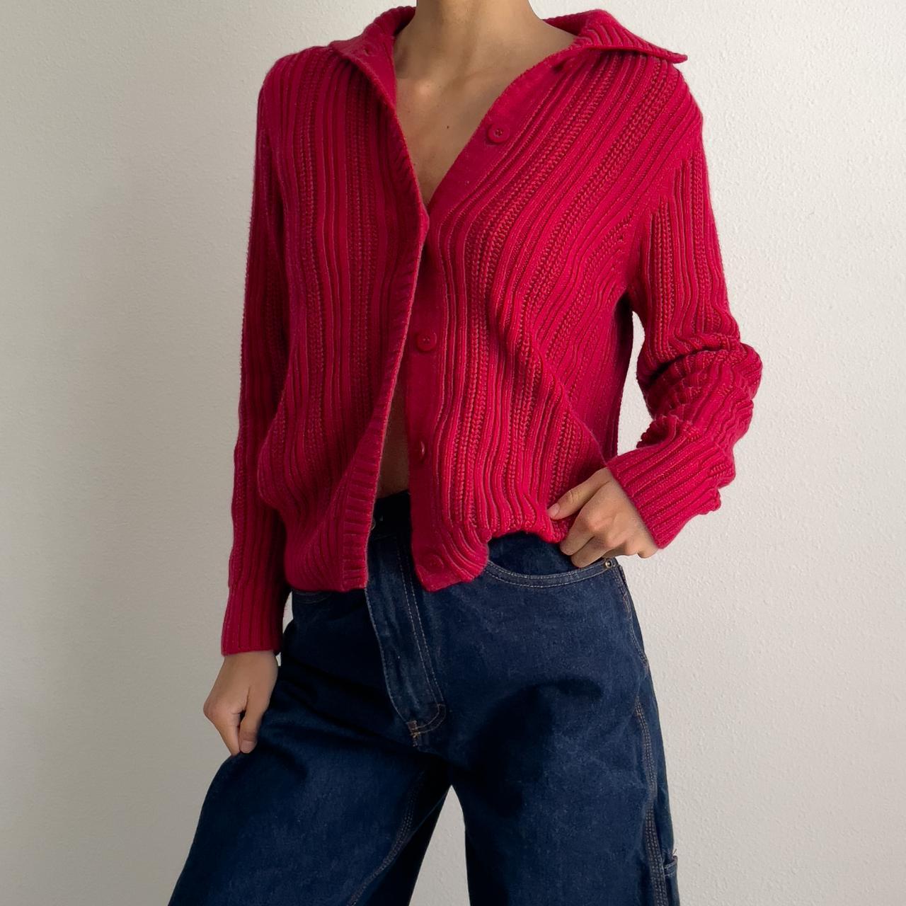 red cotton cardigan pair it with dark wash wide... - Depop