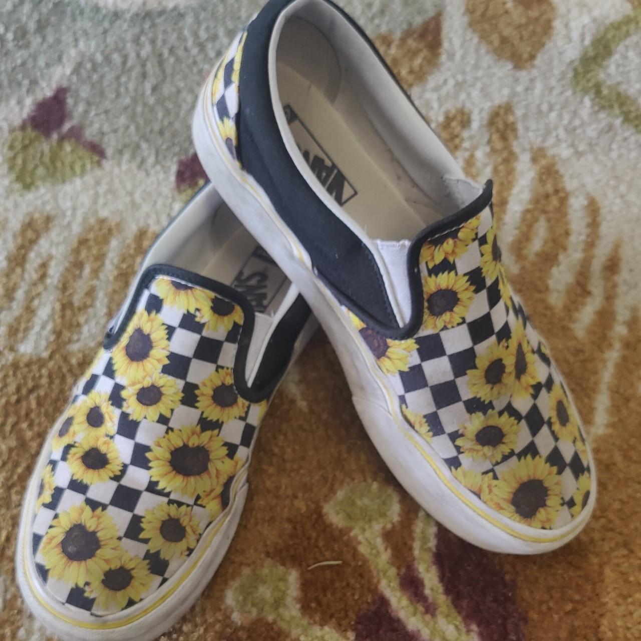 Custom sunflower vans with a yellow accent on the. Depop