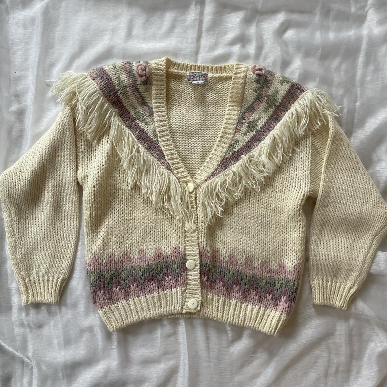 American Vintage Women's Cream and Pink Cardigan Depop