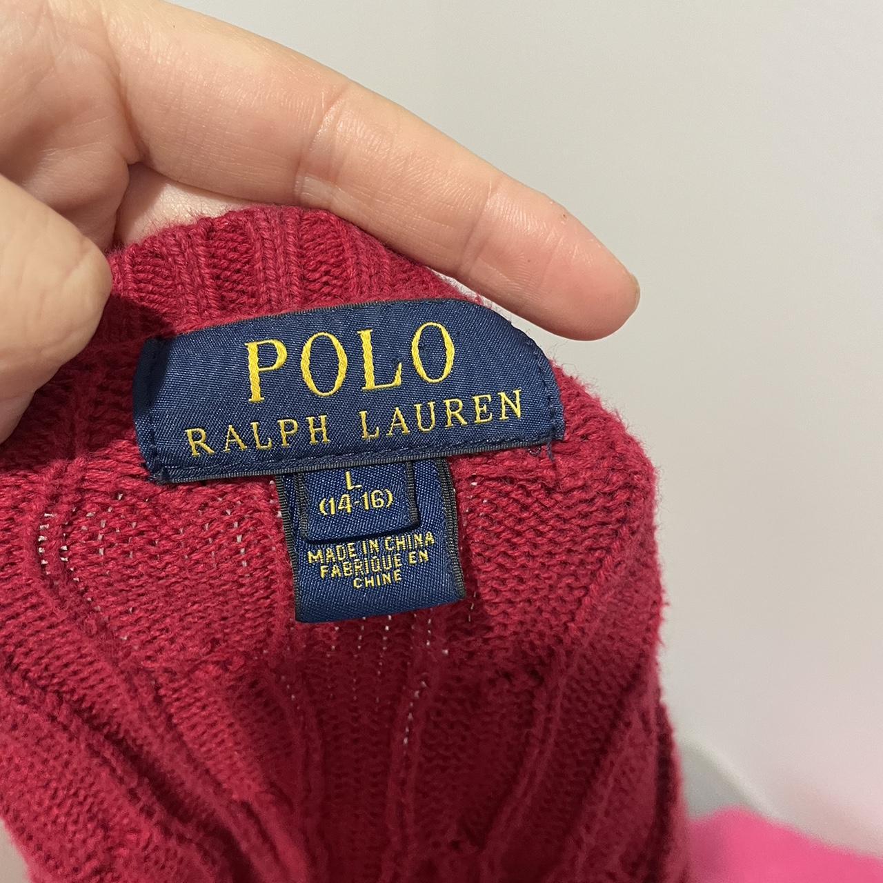 Polo Ralph Lauren red cable knit sweater with blue logo - Depop