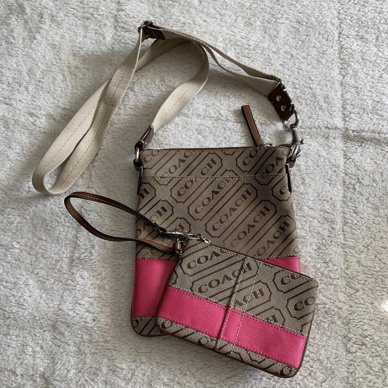 Brown and pink leather crossbody Coach logo bag - Depop