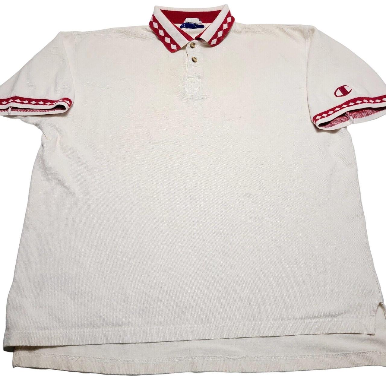 Vintage Champion Polo Shirt Cream White Red Diamond