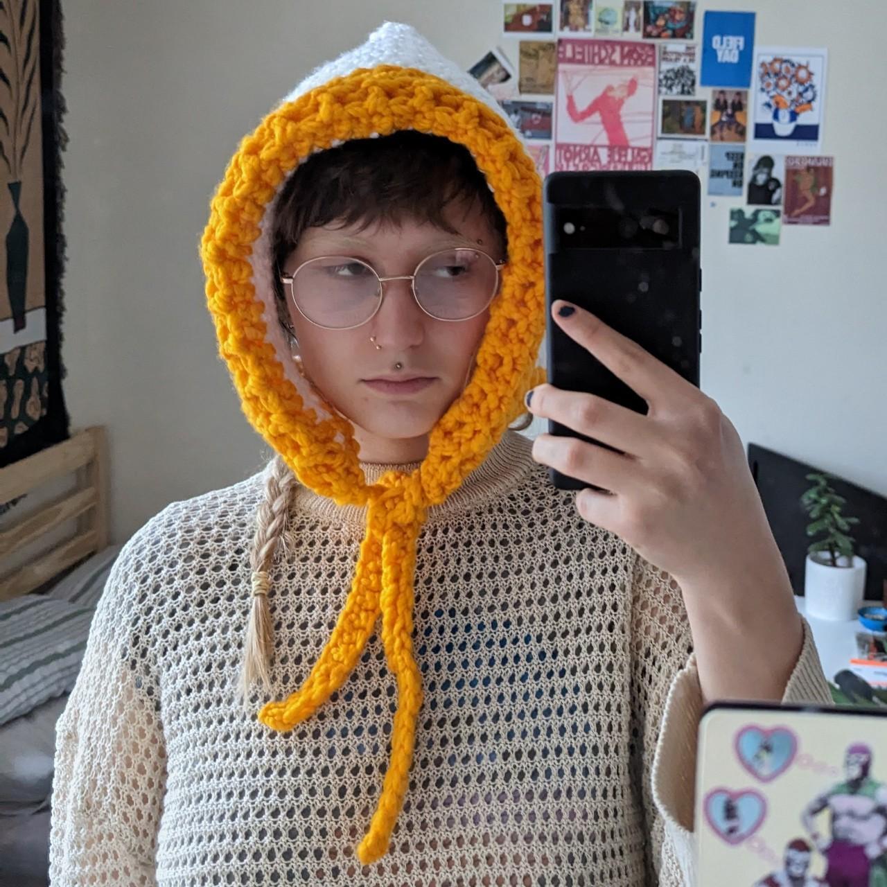 White and yellow crochet hood handmade by... Depop