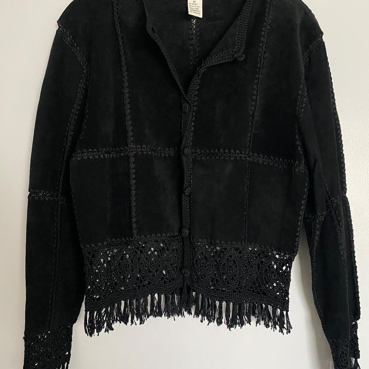 Leather patchwork jacket with crochet hems. Great... Depop