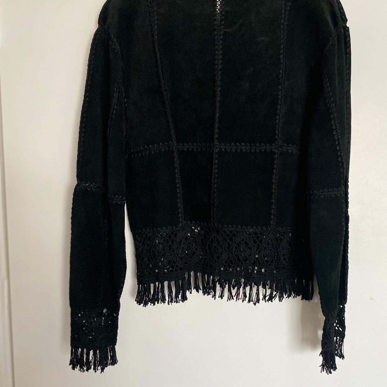 Leather patchwork jacket with crochet hems. Great... Depop