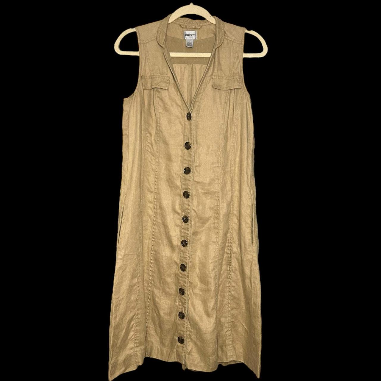 100% Linen sleeveless tan dress by Chico’s Button... - Depop