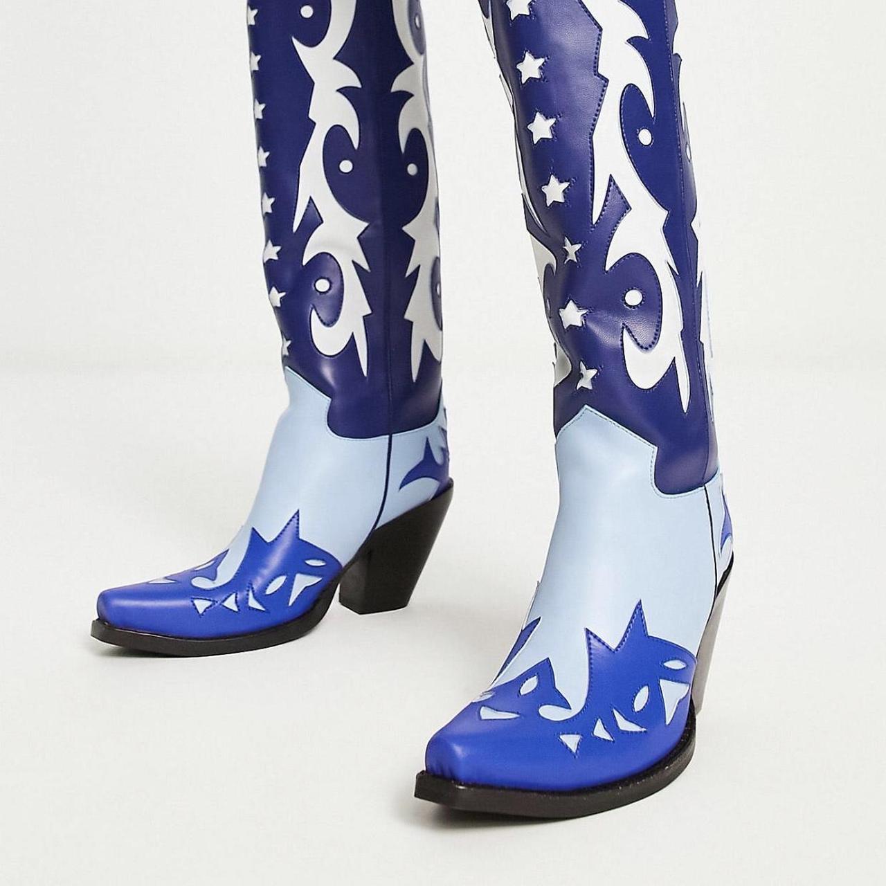 Jeffrey Campbell Starwood tall western boots in blue. Depop