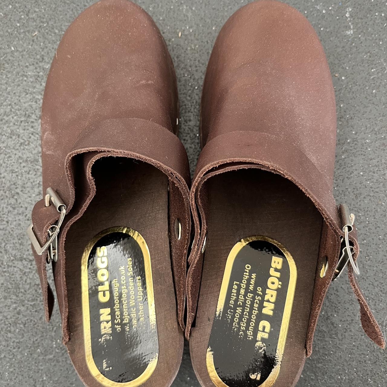 Orthopaedic wooden leather brown clogs with a side... - Depop