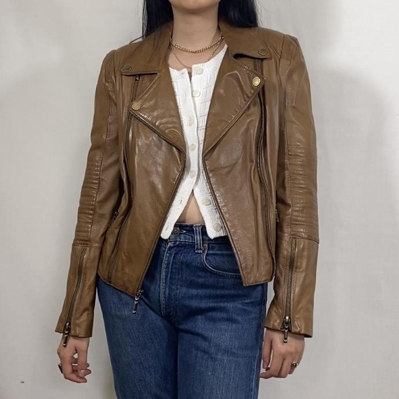 BCBGMAXAZRIA Brown Cropped Genuine Leather Jacket Depop