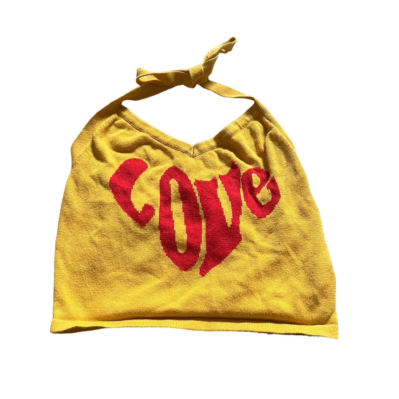 Yellow and red “Love” tie crop top with back out,... Depop