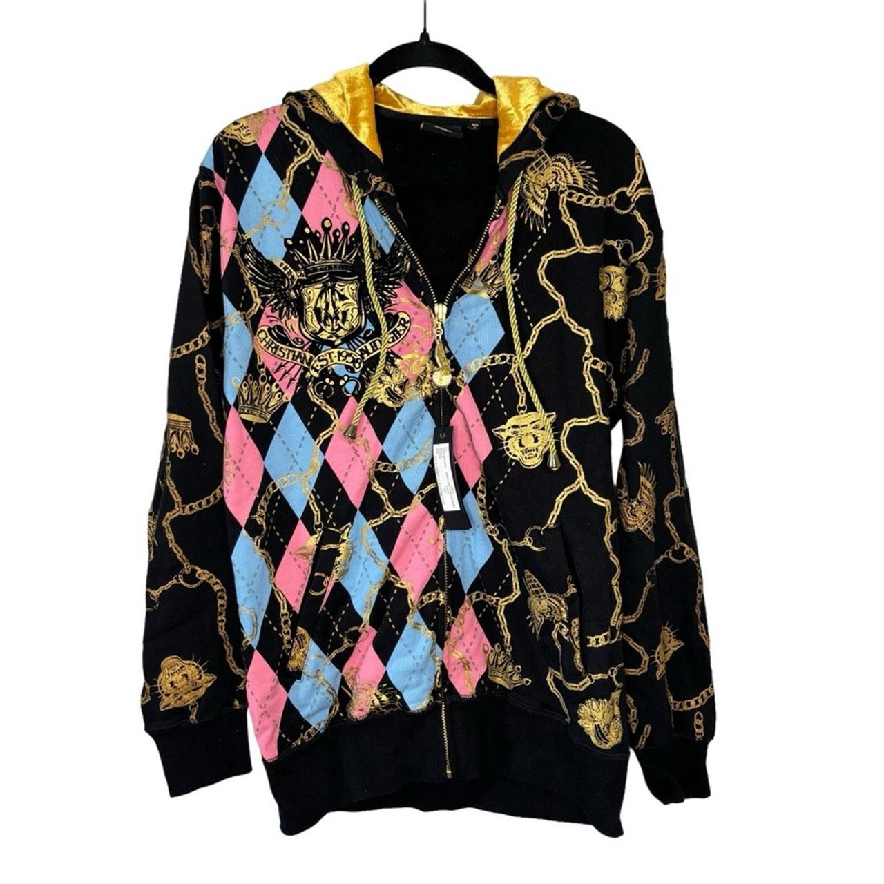 Christian Audigier Y2K Argyle Zip Up Hoodie Size | Depop