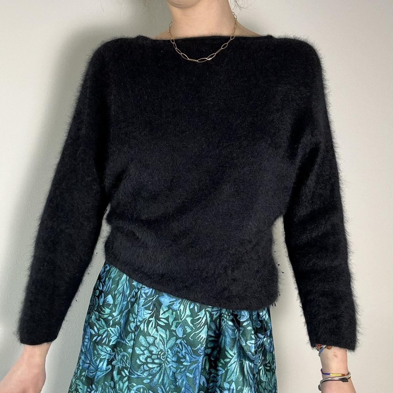 Boat neck black fuzzy angora sweater with 3/4 length... - Depop