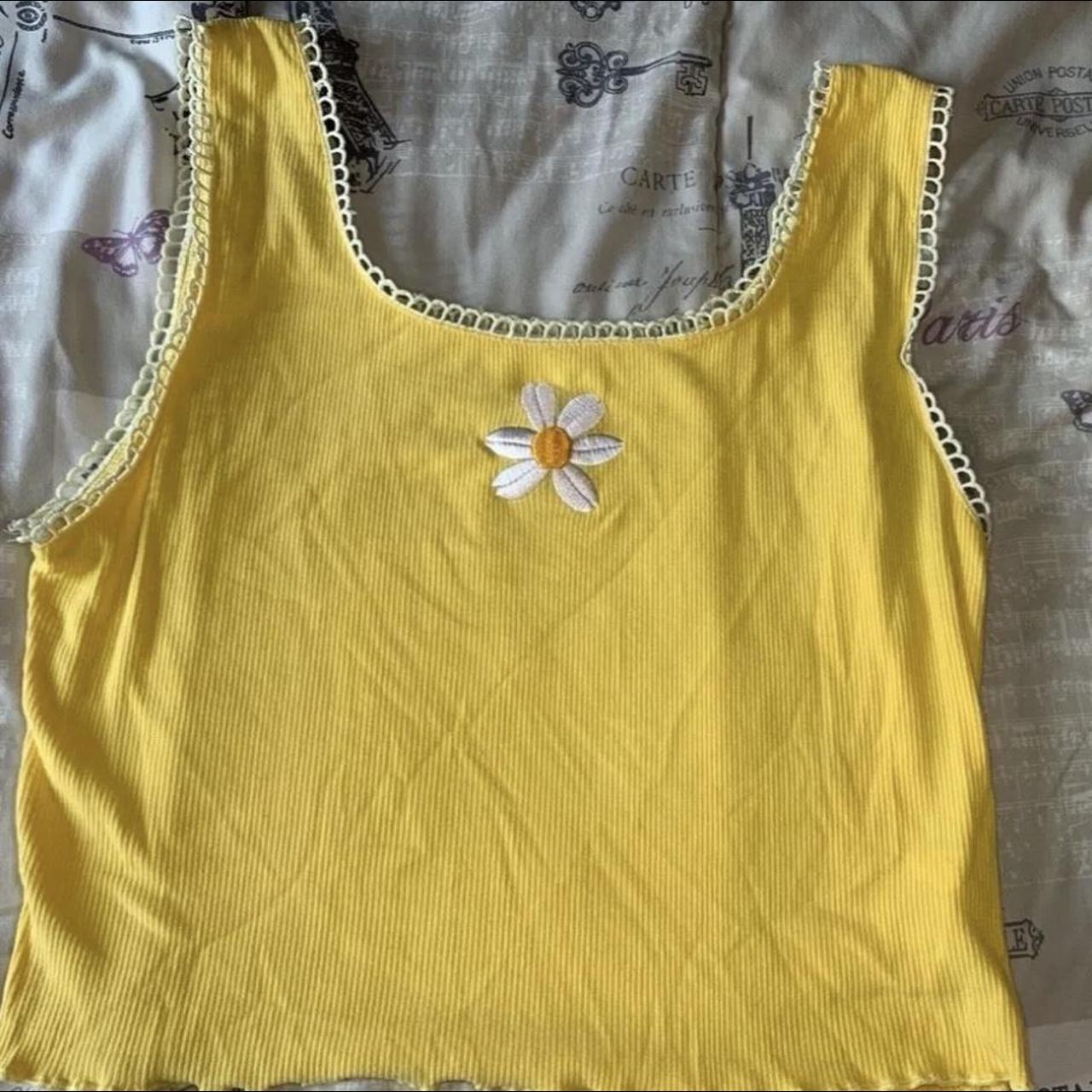 Flower Embroidery Lettuce Trim Yellow Square Neck... - Depop