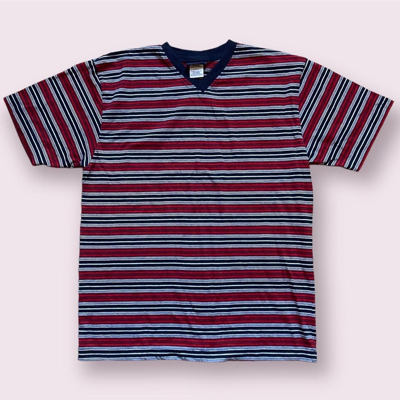 Vintage 90s red, navy, and white striped v-neck... - Depop