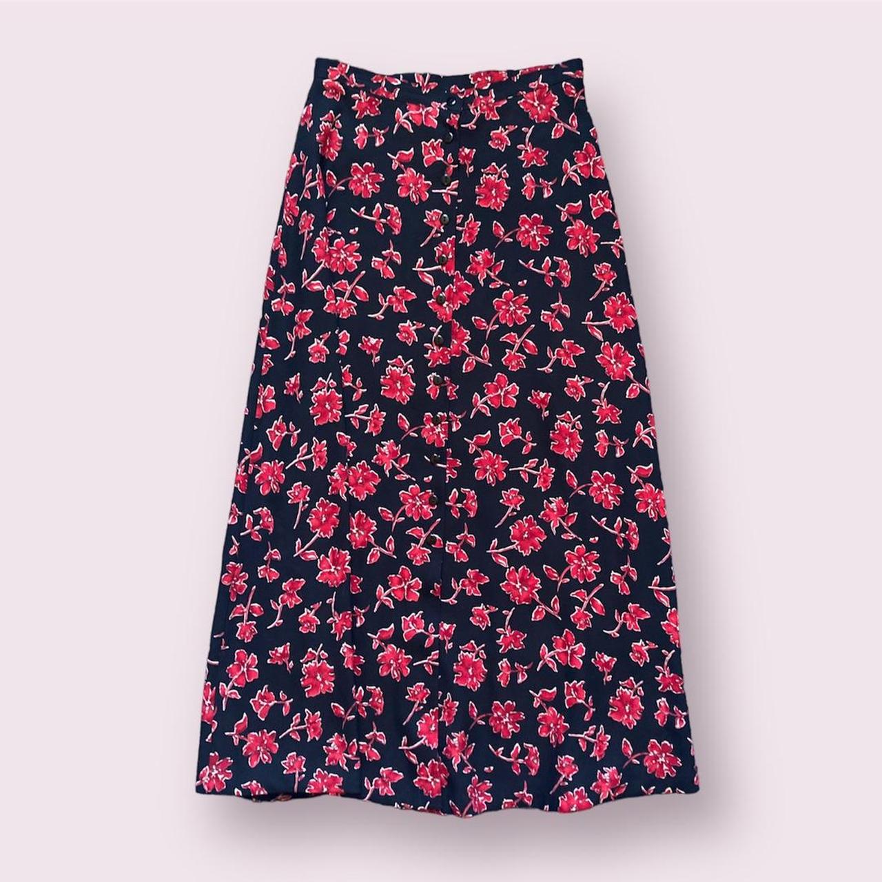 Vintage 1990s Red and Black Floral High Waisted on sale Skirt