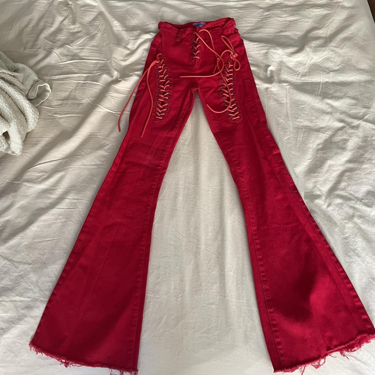 #edikted red engine flare pants. size XS. worn once!... - Depop