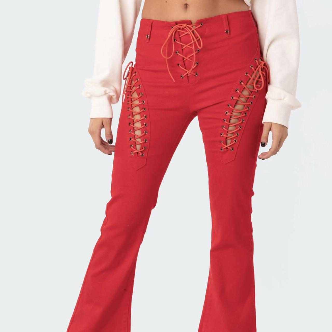 edikted red engine flare pants. size XS. worn once!... Depop