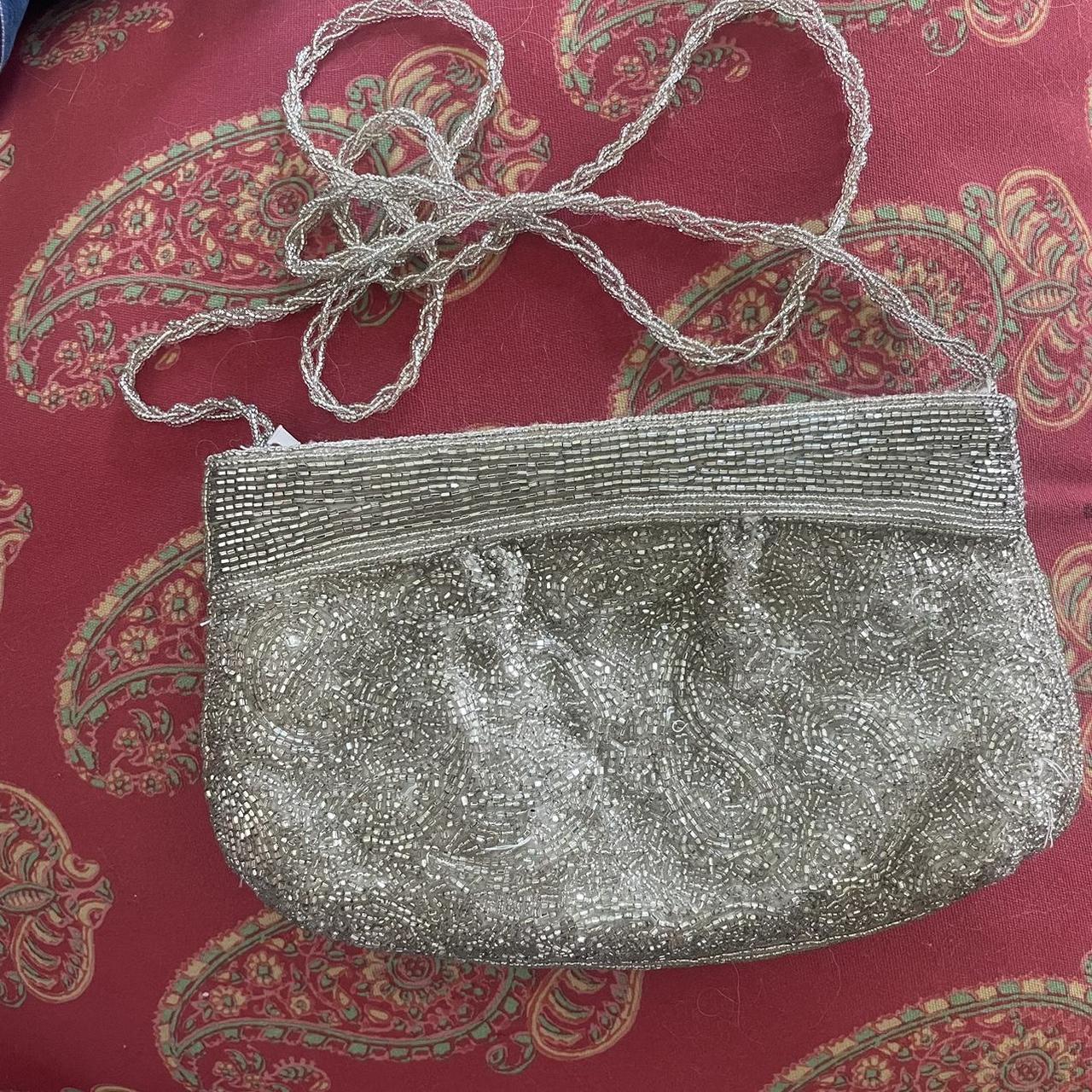 La Regale Silver Beaded Evening Bag Purse Clutch Pouch Shoulder