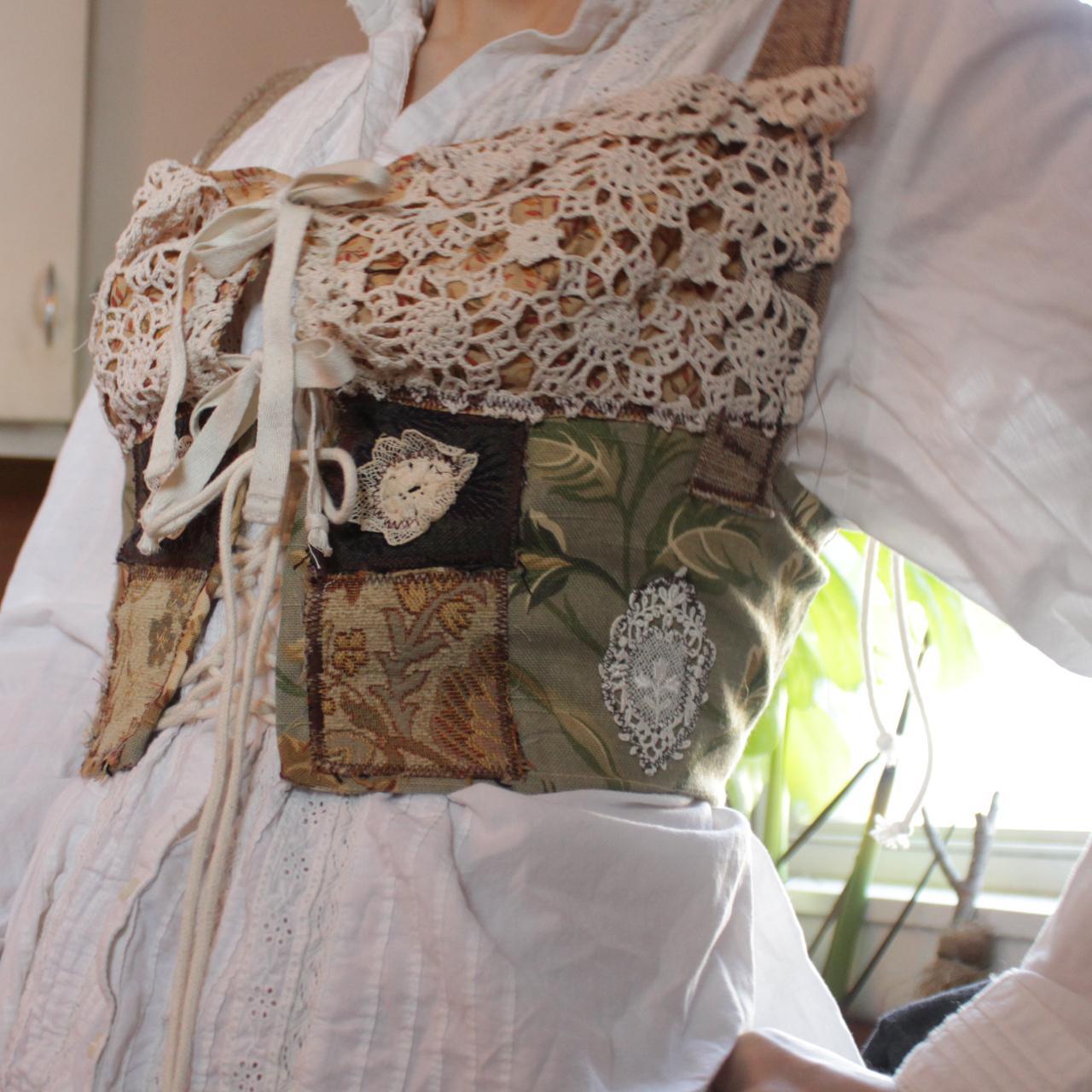 green gold fairycore corset lace crochet patchwork - Depop