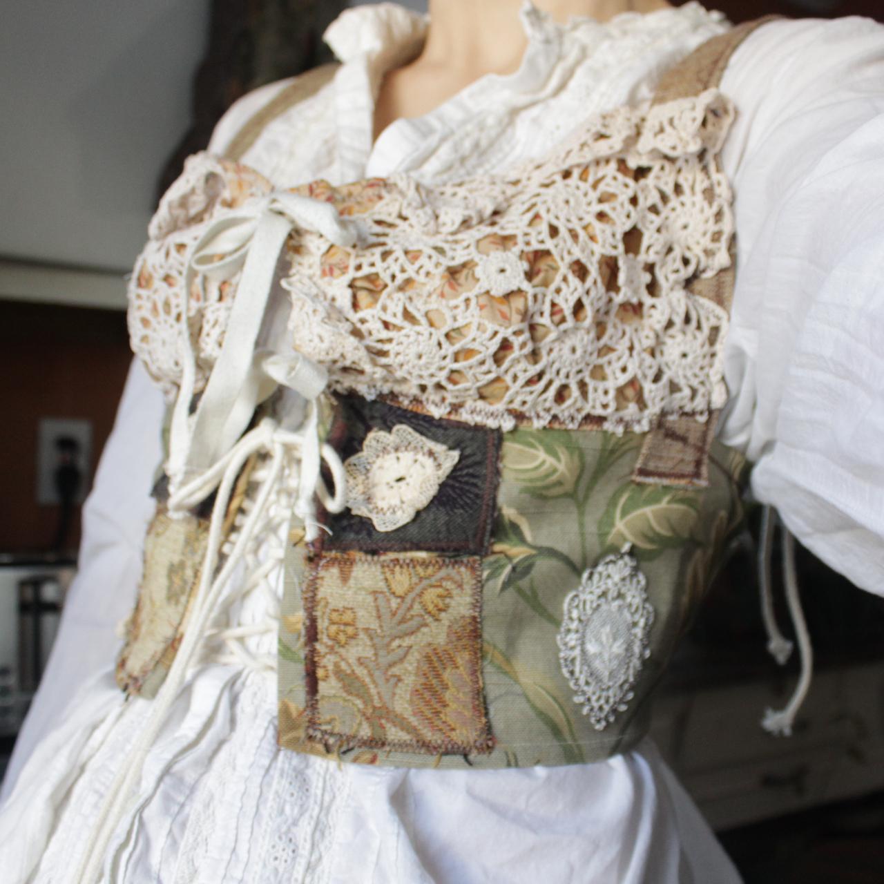 green gold fairycore corset lace crochet patchwork - Depop
