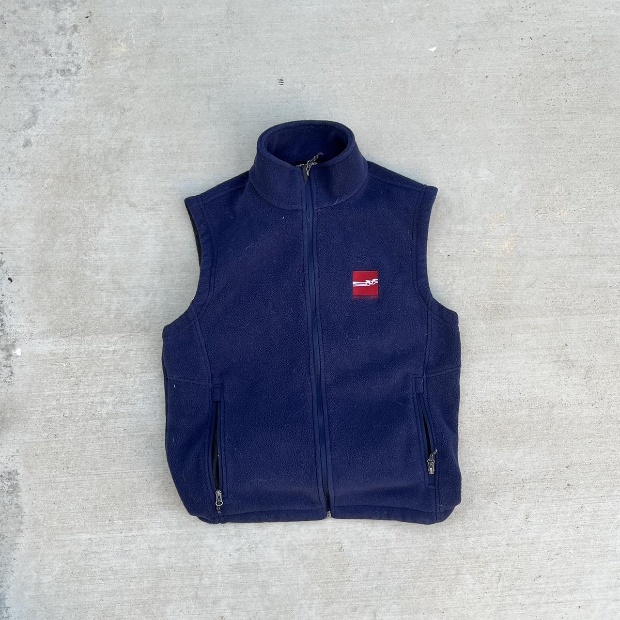 vintage blue fleece zip up vest with embroidery fits... Depop