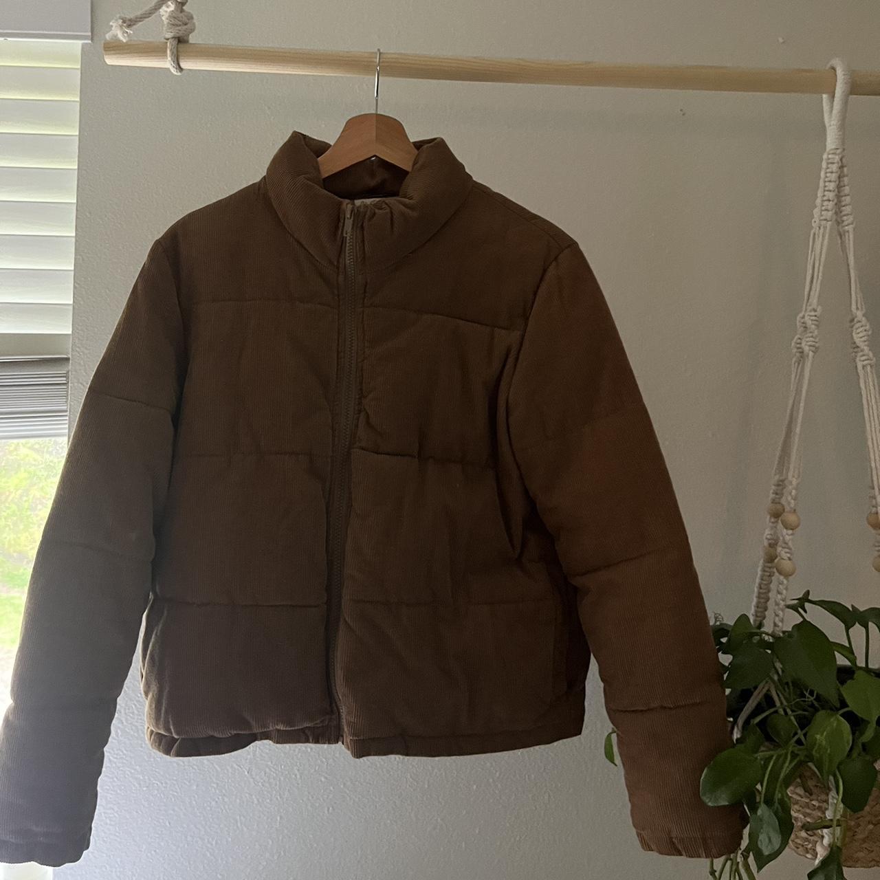 Brown Corduroy puffer jacket - One size fits S/M - Depop