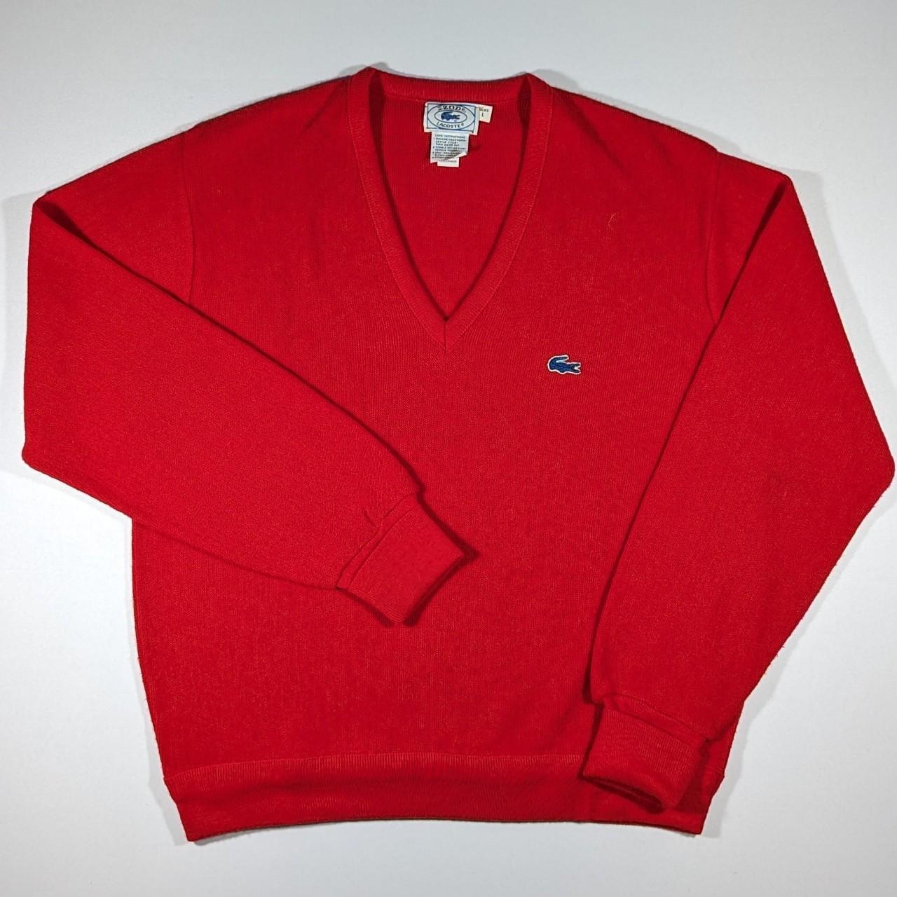 Vintage Izod Lacoste V-Neck Red Sweater Blue... - Depop