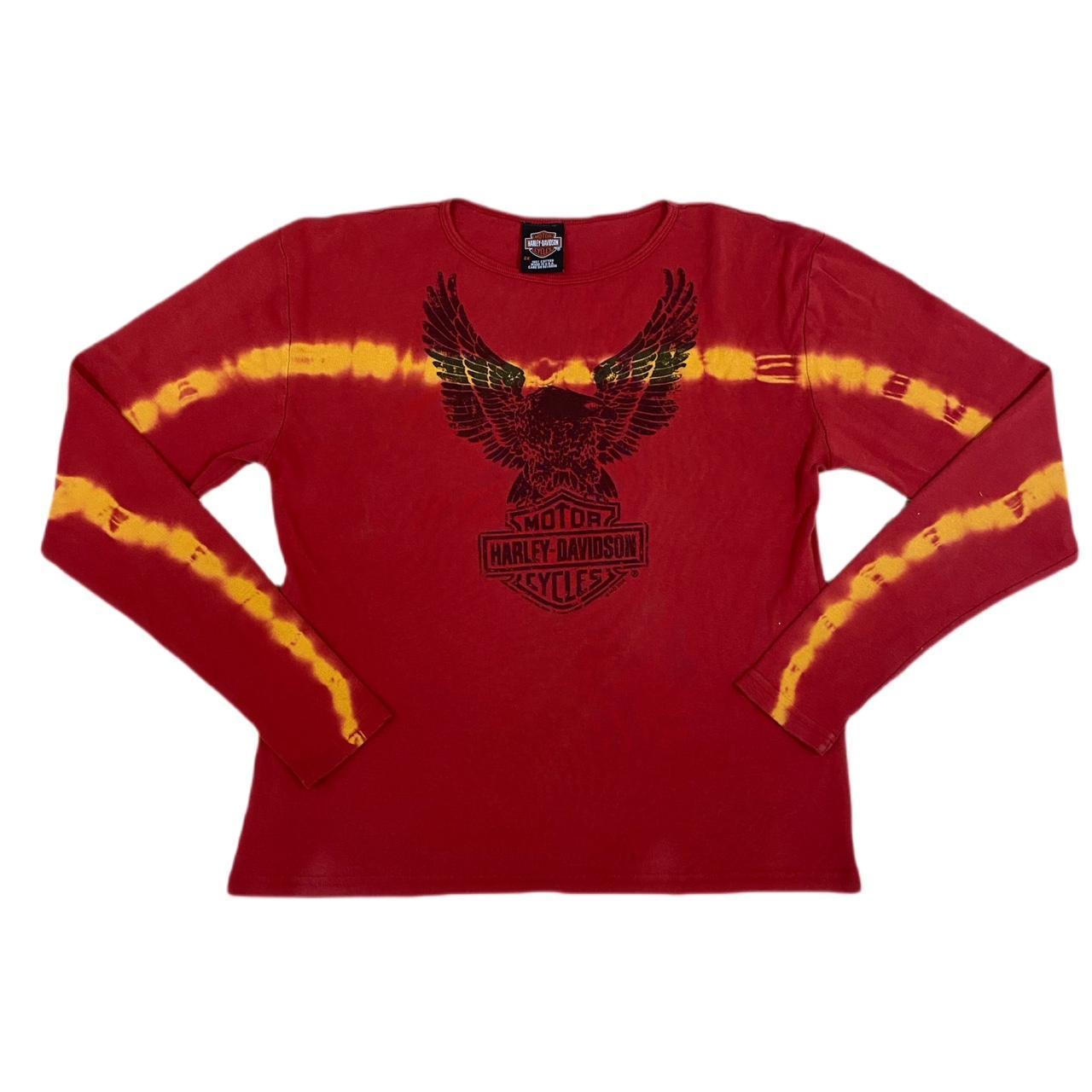 Harley Davidson Women's Red and Yellow Tshirt Depop