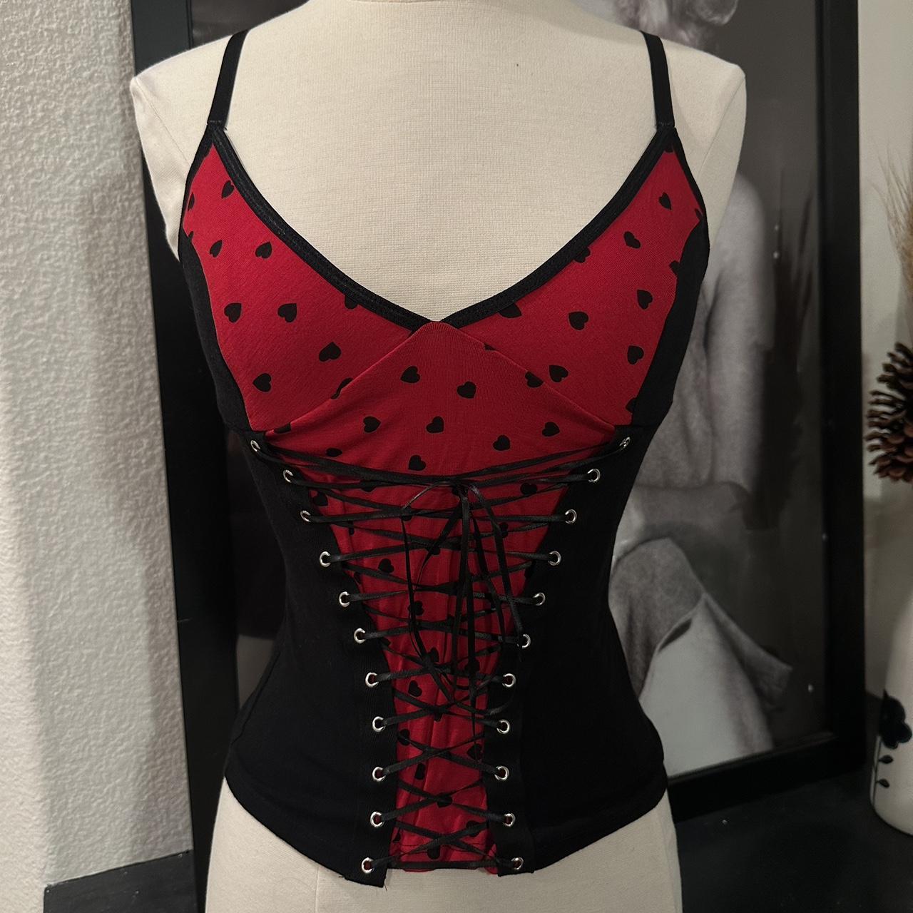 Red and black heart corset punk style tank top from - Depop