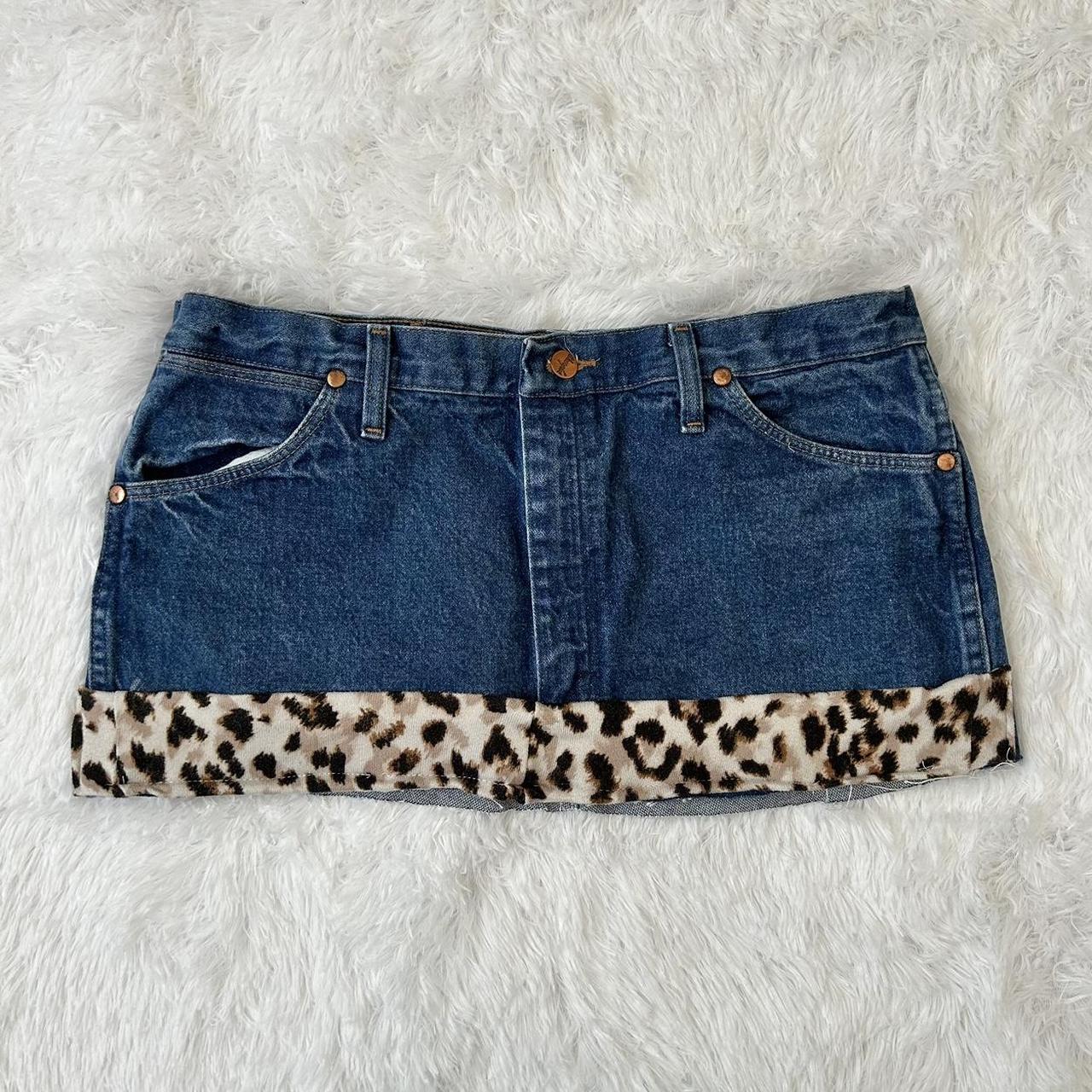 y2k cheetah print reworked denim mini skirt